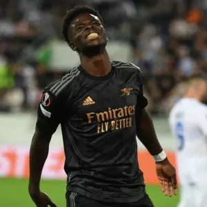 Arsenal's Bukayo Saka in Action against FC Zurich in UEFA Europa League Group Stage, St. Gallen, Switzerland (2022)
