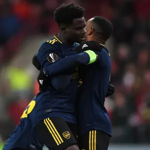 Arsenal's Bukayo Saka and Alexandre Lacazette Celebrate Goals in Standard Liege Victory, UEFA Europa League 2019-20 Arsenal's Bukayo Saka and Alexandre Lacazette Celebrate Goals in Standard Liege Victory, UEFA Europa League 2019-20