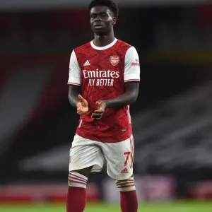 Arsenal's Bukayo Saka Celebrates with Fans after Arsenal v Burnley Victory (2020-21)