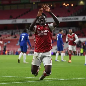 Arsenal's Bukayo Saka Celebrates Goal Against Chelsea in Premier League Showdown (Arsenal v Chelsea 2020-21)