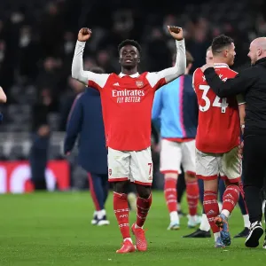 Arsenal's Bukayo Saka Celebrates Goal Against Tottenham in Premier League Clash (2022-23) Arsenal's Bukayo Saka Celebrates Goal Against Tottenham in Premier League Clash (2022-23)