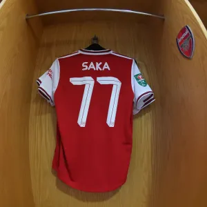 Arsenal's Bukayo Saka in the Changing Room Before Arsenal v Nottingham Forest Carabao Cup Match