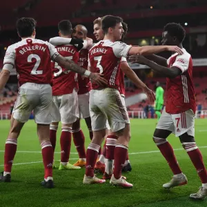 Arsenal's Bukayo Saka and Kieran Tierney Celebrate Goal During Arsenal v Chelsea Warm-Up (2020-21)