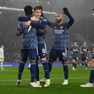 Arsenal's Bukayo Saka, Odegaard, Lacazette, and Tierney Celebrate Goals Against Leeds United (December 2021)