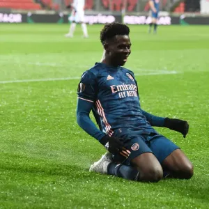 Arsenal's Bukayo Saka Scores in Europa League Quarterfinal vs Slavia Praha at Empty Eden Arena Arsenal's Bukayo Saka Scores in Europa League Quarterfinal vs Slavia Praha at Empty Eden Arena