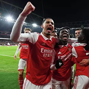 Arsenal's Bukayo Saka, Willian Saliba, and Eddie Nketiah Celebrate Goals Against Manchester United (2022-23)