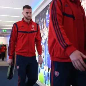 Arsenal's Calum Chambers Arrives at Leicester City's The King Power Stadium for Premier League Clash