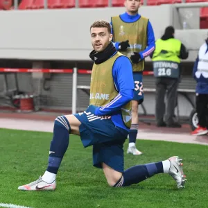 Arsenal's Calum Chambers in UEFA Europa League Action against Olympiacos in Empty Karaiskakis Stadium