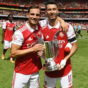 Arsenal's Cedric and Gabriel Martinelli Lift Emirates Cup After Arsenal v Sevilla Friendly