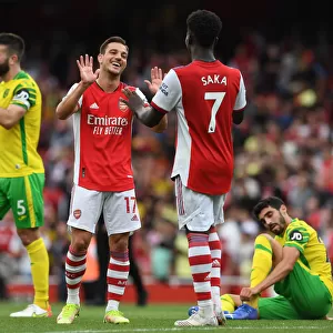 Arsenal's Cedric Soares and Bukayo Saka Celebrate Victory Over Norwich City