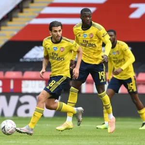 Arsenal's Dani Ceballos and Nicolas Pepe in Quarter Final Action at Sheffield United's Bramall Lane (FA Cup 2019-20)