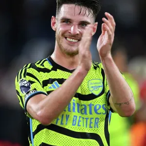 Arsenal's Declan Rice Celebrates with Fans after Crystal Palace Victory, 2023-24 Premier League Arsenal's Declan Rice Celebrates with Fans after Crystal Palace Victory, 2023-24 Premier League