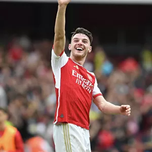 Arsenal's Declan Rice Celebrates with Fans after Victory over Nottingham Forest (2023-24)