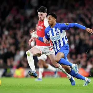 Arsenal's Declan Rice Tackles Joao Pedro: Arsenal FC vs Brighton & Hove Albion, Premier League 2023-24
