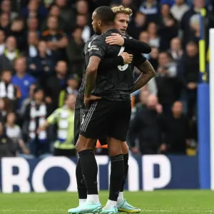 Arsenal's Defenders Celebrate at the Final Whistle: Leeds United vs Arsenal, Premier League 2022-23 Arsenal's Defenders Celebrate at the Final Whistle: Leeds United vs Arsenal, Premier League 2022-23