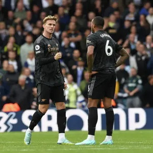 Arsenal's Defenders Celebrate Victory Over Leeds United in 2022-23 Premier League Arsenal's Defenders Celebrate Victory Over Leeds United in 2022-23 Premier League