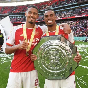 Arsenal's Defenders Saliba and Gabriel Celebrate after Community Shield Loss to Manchester City, 2023-24 Arsenal's Defenders Saliba and Gabriel Celebrate after Community Shield Loss to Manchester City, 2023-24
