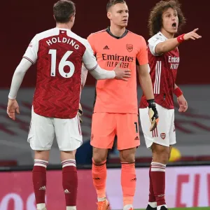 Arsenal's Defensive Trio: Holding, Leno, and Luiz in Action against Southampton (Premier League 2020-21)