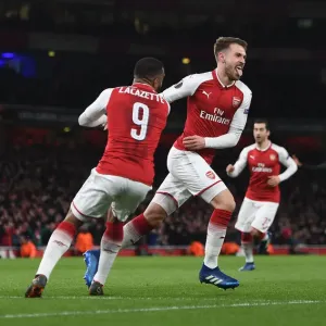 Arsenal's Double Act: Ramsey and Lacazette Celebrate Goals in Europa League Quarterfinal vs. CSKA Moscow