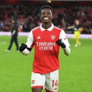 Arsenal's Eddie Nketiah Celebrates Goal Against West Ham in 2022-23 Premier League Arsenal's Eddie Nketiah Celebrates Goal Against West Ham in 2022-23 Premier League