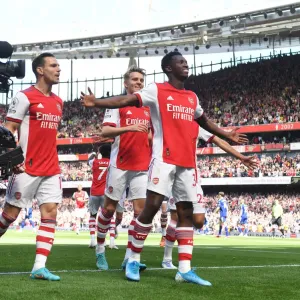 Arsenal's Eddie Nketiah Celebrates Second Goal Against Leeds United in 2021-22 Premier League Arsenal's Eddie Nketiah Celebrates Second Goal Against Leeds United in 2021-22 Premier League