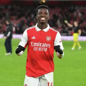 Arsenal's Eddie Nketiah: Celebrating Victory Over West Ham United in the 2022-23 Premier League Arsenal's Eddie Nketiah: Celebrating Victory Over West Ham United in the 2022-23 Premier League