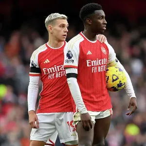 Arsenal's Eddie Nketiah Holds Ball Against Sheffield United - Premier League 2023-24 Arsenal's Eddie Nketiah Holds Ball Against Sheffield United - Premier League 2023-24