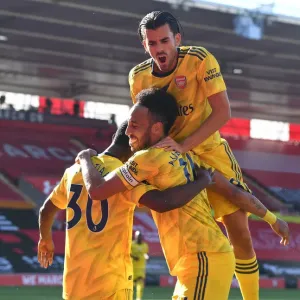 Arsenal's Eddie Nketiah and Pierre-Emerick Aubameyang Celebrate Goal vs Southampton (2019-20) Arsenal's Eddie Nketiah and Pierre-Emerick Aubameyang Celebrate Goal vs Southampton (2019-20)