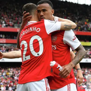 Arsenal's Embrace: Jorginho and Gabriel Unite Against Brighton in Premier League Showdown (2022-23)