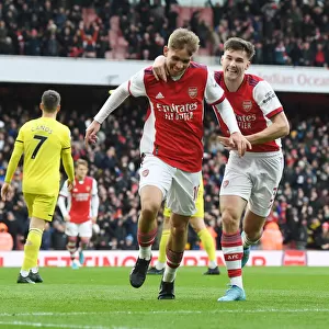 Arsenal's Emile Smith Rowe and Kieran Tierney Celebrate First Goal Against Brentford in 2021-22 Premier League