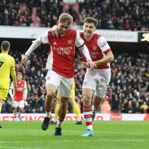 Arsenal's Emile Smith Rowe and Kieran Tierney Celebrate First Goal Against Brentford in 2021-22 Premier League Arsenal's Emile Smith Rowe and Kieran Tierney Celebrate First Goal Against Brentford in 2021-22 Premier League