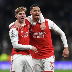 Arsenal's Emile Smith Rowe and William Saliba: Celebrating Victory over Tottenham Hotspur in the 2022-23 Premier League Arsenal's Emile Smith Rowe and William Saliba: Celebrating Victory over Tottenham Hotspur in the 2022-23 Premier League