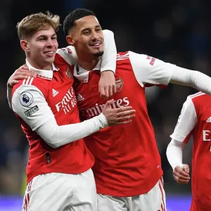 Arsenal's Emile Smith Rowe and William Saliba Celebrate after Tottenham Clash in 2022-23 Premier League Arsenal's Emile Smith Rowe and William Saliba Celebrate after Tottenham Clash in 2022-23 Premier League