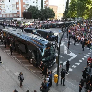 Arsenal's Europa League Semi-Final Arrival at Valencia: The Team Bus Approaches Estadio Mestalla Arsenal's Europa League Semi-Final Arrival at Valencia: The Team Bus Approaches Estadio Mestalla