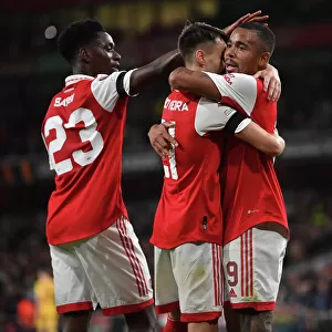 Arsenal's Fabio Vieira, Gabriel Jesus, and Albert Sambi Lokonga Celebrate Goals Against FK Bodo/Glimt in Europa League Match