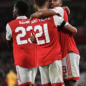 Arsenal's Fabio Vieira and Gabriel Jesus: Europa League Celebration after Vieira's Goal (Arsenal vs FK Bodo/Glimt, 2022-23)