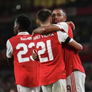 Arsenal's Fabio Vieira and Gabriel Jesus: Europa League Celebration after Vieira's Goal (Arsenal vs FK Bodo/Glimt, 2022-23)