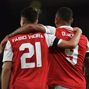 Arsenal's Fabio Vieira and Gabriel Jesus Celebrate Goal Against FK Bodo/Glimt in Europa League Match