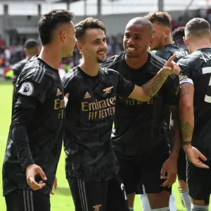 Arsenal's Fabio Vieira and Teammates Celebrate Goal Against Brentford in 2022-23 Premier League Arsenal's Fabio Vieira and Teammates Celebrate Goal Against Brentford in 2022-23 Premier League
