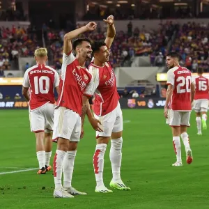 Arsenal's Five-Goal Blitz: Fabio Vieira and Gabriel Martinelli Celebrate against FC Barcelona (2023-24 Pre-Season Friendly)
