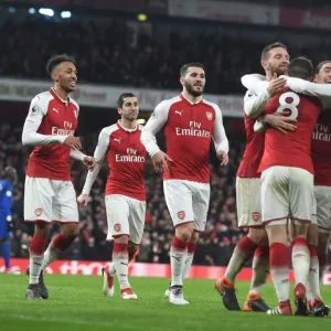 Arsenal's Five-Goal Blitz: Ramsey, Xhaka, Bellerin, Mustafi, Kolasinac, and Aubameyang Celebrate Against Everton (2017-18)
