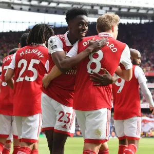 Arsenal's Five-Star Performance: Martin Odegaard and Albert Sambi Lokonga Celebrate Goals Against Everton (2021-22)