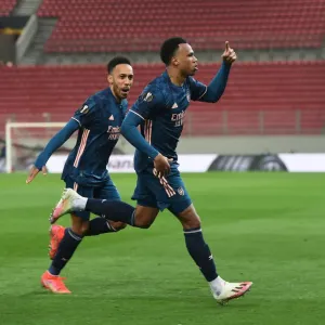 Arsenal's Gabriel and Aubameyang Celebrate Goals in Empty Europa League Match vs. Olympiacos