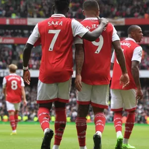Print of Arsenal's Gabriel Jesus and Bukayo Saka celebrating goals Print of Arsenal's Gabriel Jesus and Bukayo Saka celebrating goals