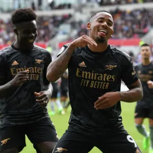 Arsenal's Gabriel Jesus and Bukayo Saka Celebrate Second Goal Against Brentford (2022-23 Premier League) Arsenal's Gabriel Jesus and Bukayo Saka Celebrate Second Goal Against Brentford (2022-23 Premier League)