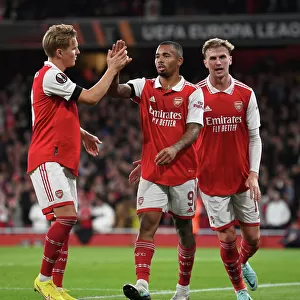Arsenal's Gabriel Jesus Celebrates Setting Up Third Goal Against FK Bodo/Glimt in UEFA Europa League