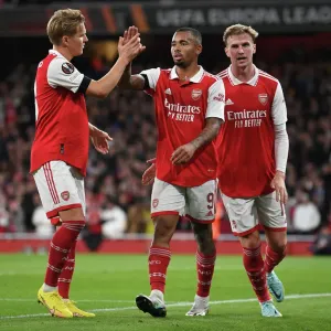 Arsenal's Gabriel Jesus Celebrates Setting Up Third Goal Against FK Bodo/Glimt in UEFA Europa League
