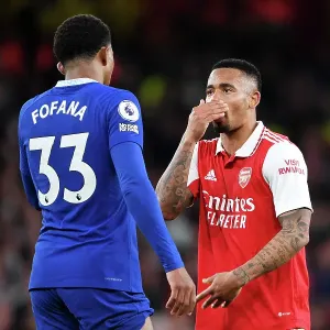 Arsenal's Gabriel Jesus Engages in a Conversation with Chelsea's Wesley Fofana during the 2022-23 Premier League Clash at Emirates Stadium Arsenal's Gabriel Jesus Engages in a Conversation with Chelsea's Wesley Fofana during the 2022-23 Premier League Clash at Emirates Stadium
