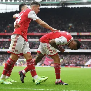 Arsenal's Gabriel Jesus and Granit Xhaka: Triumphant Goal Celebration vs. Leeds United, April 2023 Arsenal's Gabriel Jesus and Granit Xhaka: Triumphant Goal Celebration vs. Leeds United, April 2023