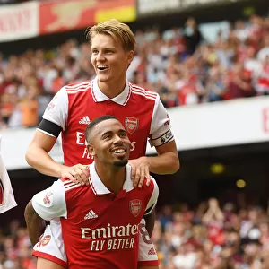Arsenal's Gabriel Jesus and Martin Odegaard Celebrate Goals in Emirates Cup Match against Sevilla (2022)